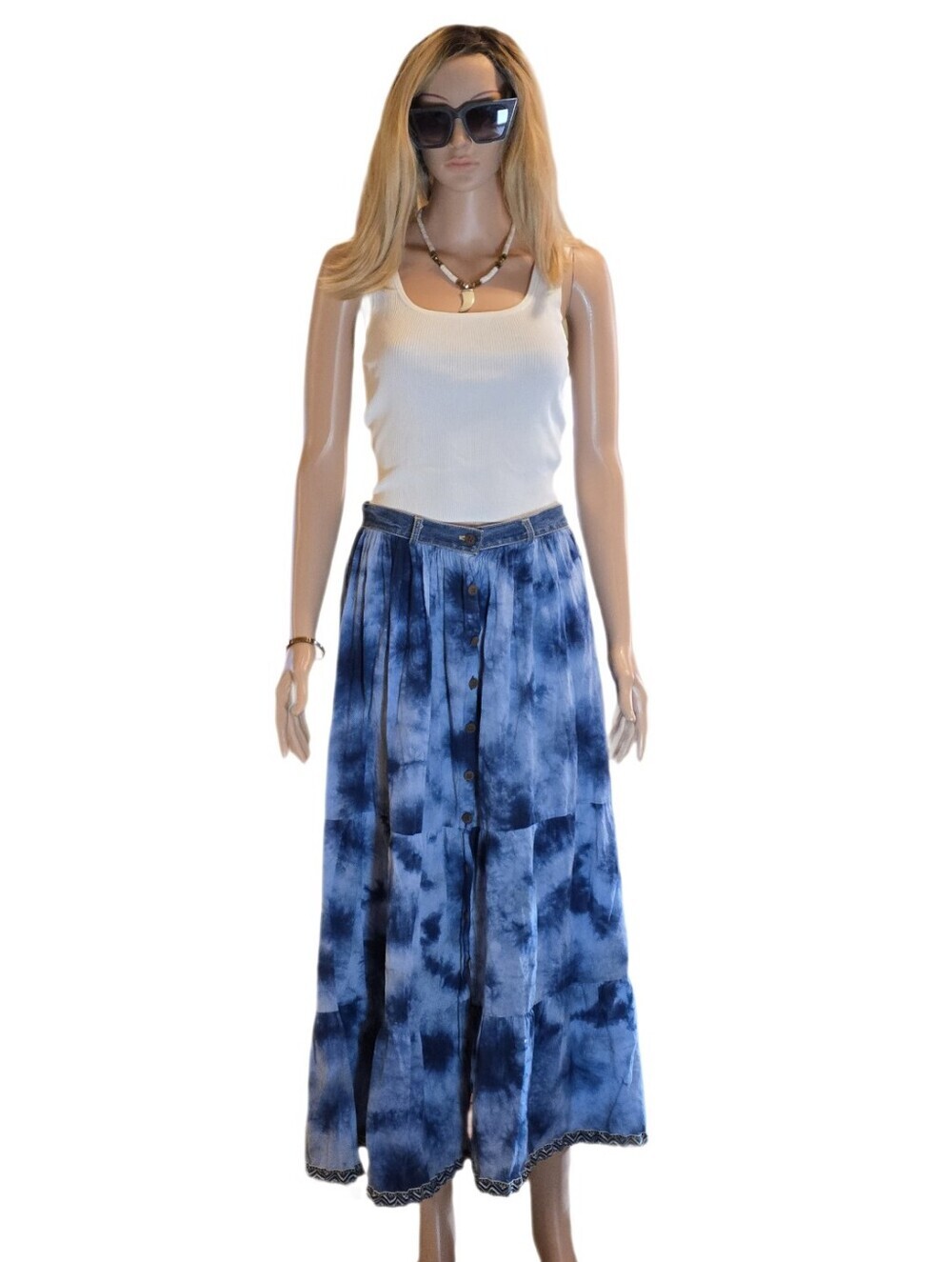 VTG Y2K St. John’s Bay Tie Dye Tiered Maxi Skirt Blue Denim Waist EUC 28" Waist